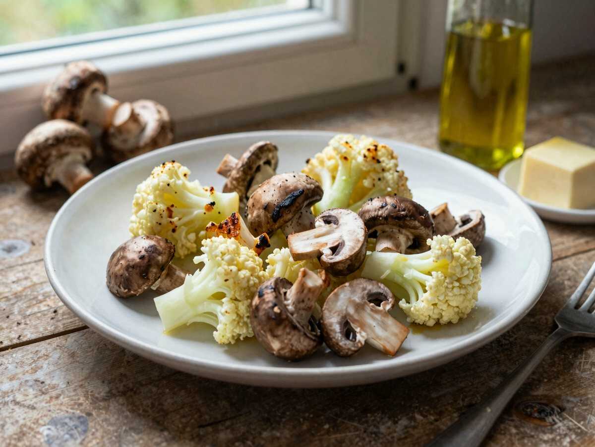 Blumenkohl Champignons Pfanne mit Knoblauch in 15 Minuten – während der Zubereitung