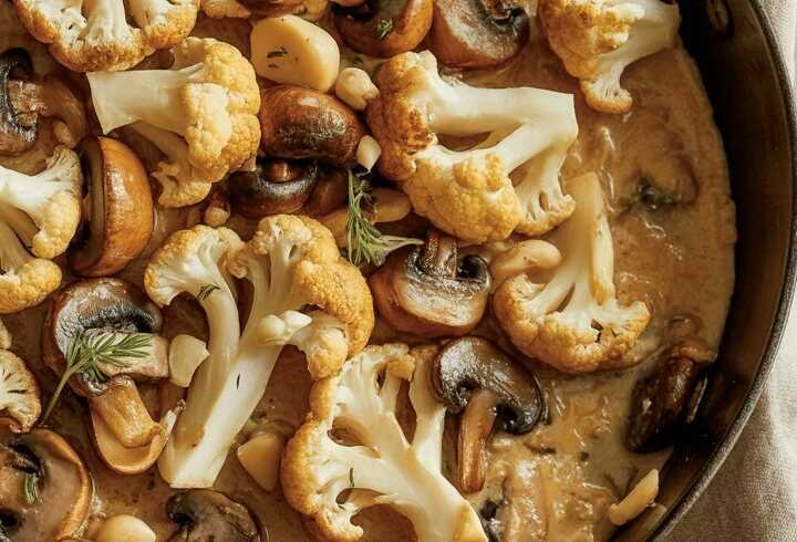 Blumenkohl-Champignon-Pfanne mit Knoblauch und Gemüsebrühe