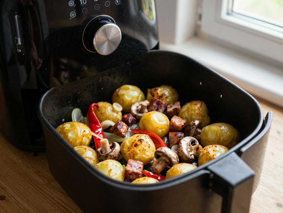 Bratkartoffel-Reste-Pfanne im Airfryer, das Rezept, das in jeder Familien-WhatsApp-Gruppe landet – während der Zubereitung