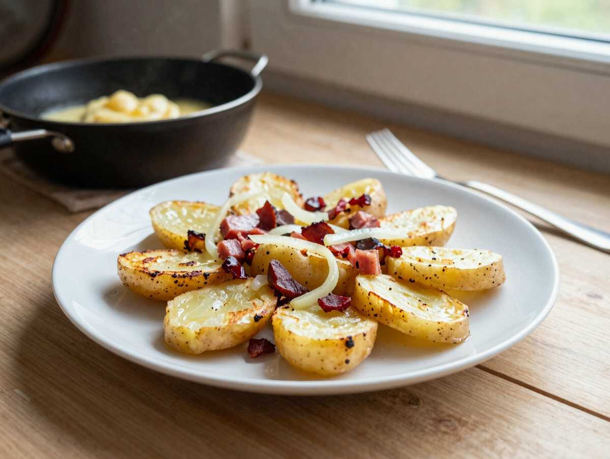 Bratkartoffeln mit Speck und Zwiebeln, perfekt als Beilage zum Grillen – während der Zubereitung
