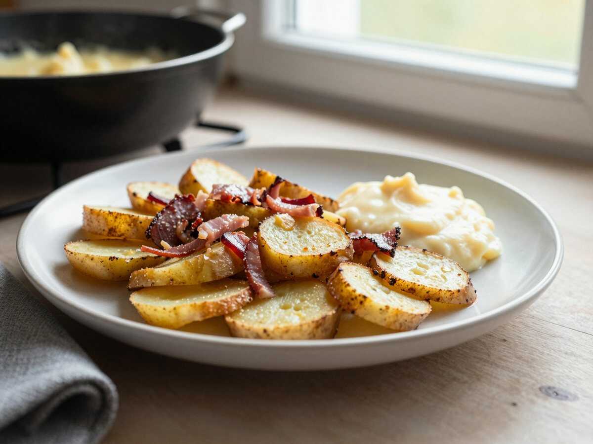 Bratkartoffeln mit Speck und Zwiebeln – sättigt die ganze Familie für wenig Geld – während der Zubereitung