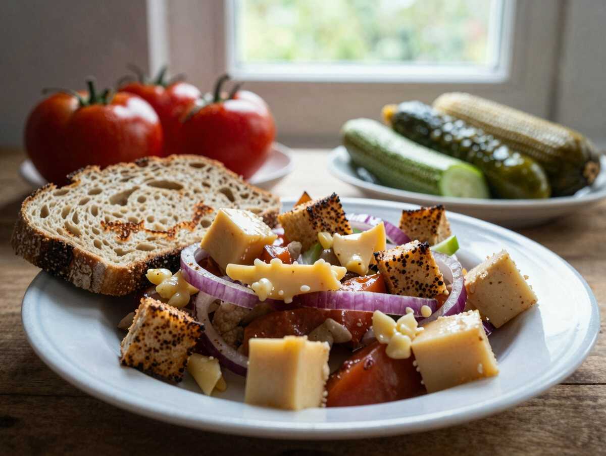 Brotzeit-Salat mit Käsewürfeln – während der Zubereitung