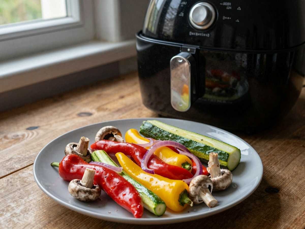 Bunte Gemüsespieße aus dem Airfryer – mit Zutaten, die du sowieso zu Hause hast – während der Zubereitung