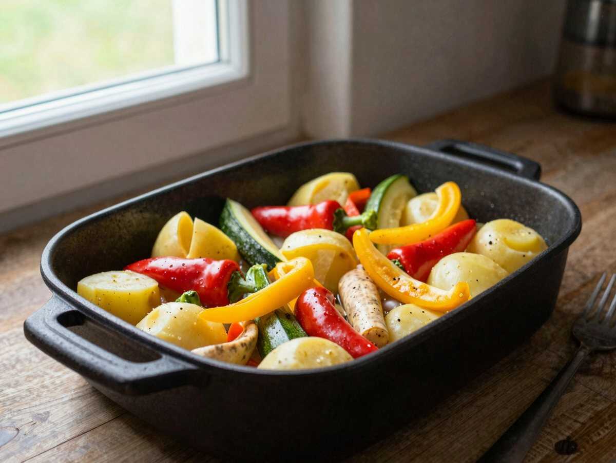 Buntes Ofengemüse aus der Heißluftfritteuse – spart Zeit, Fett und Abwasch – während der Zubereitung