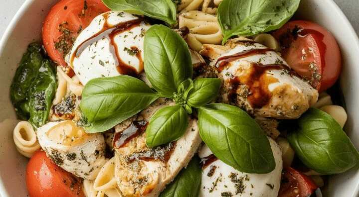Caprese-Salat mit Basilikum-Pesto und Balsamico-Glasur