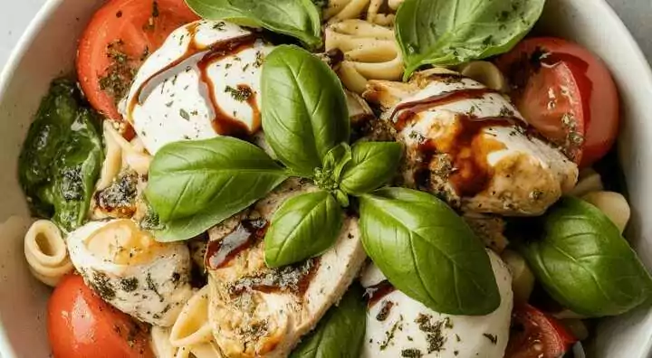 Caprese-Salat mit Basilikum-Pesto und Balsamico-Glasur