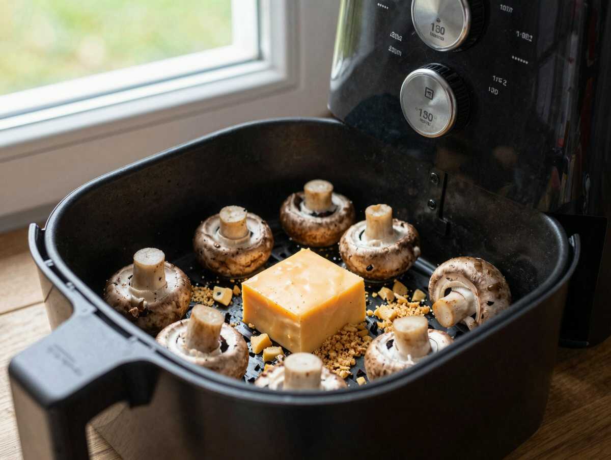 Champignons gefüllt mit Käse aus dem Airfryer – während der Zubereitung