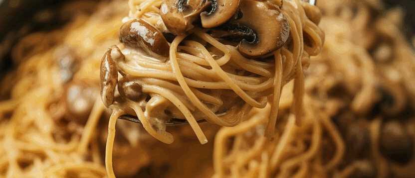 Champignons Spaghetti in der Pfanne gemacht – so sieht es fertig aus