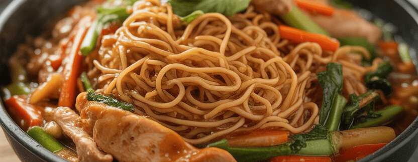 Chinesisch gebratene Nudeln mit 200 g Hähnchenfleisch – so sieht es fertig aus