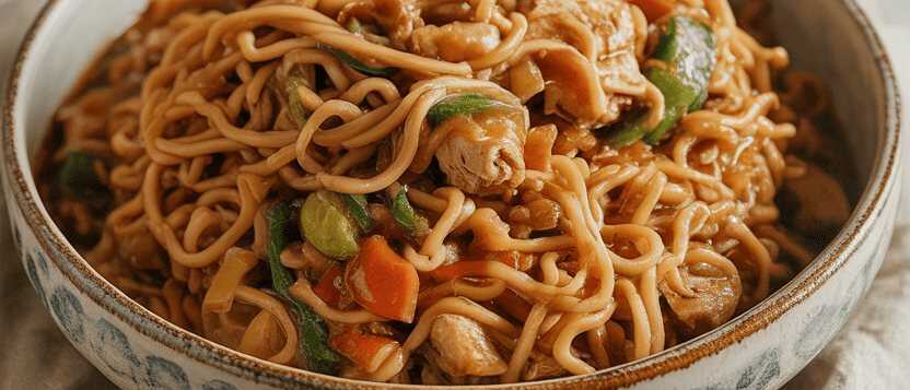 Chinesische Nudeln mit 200 g Hähnchenfleisch Ich konnte sie täglich essen – so sieht es fertig aus