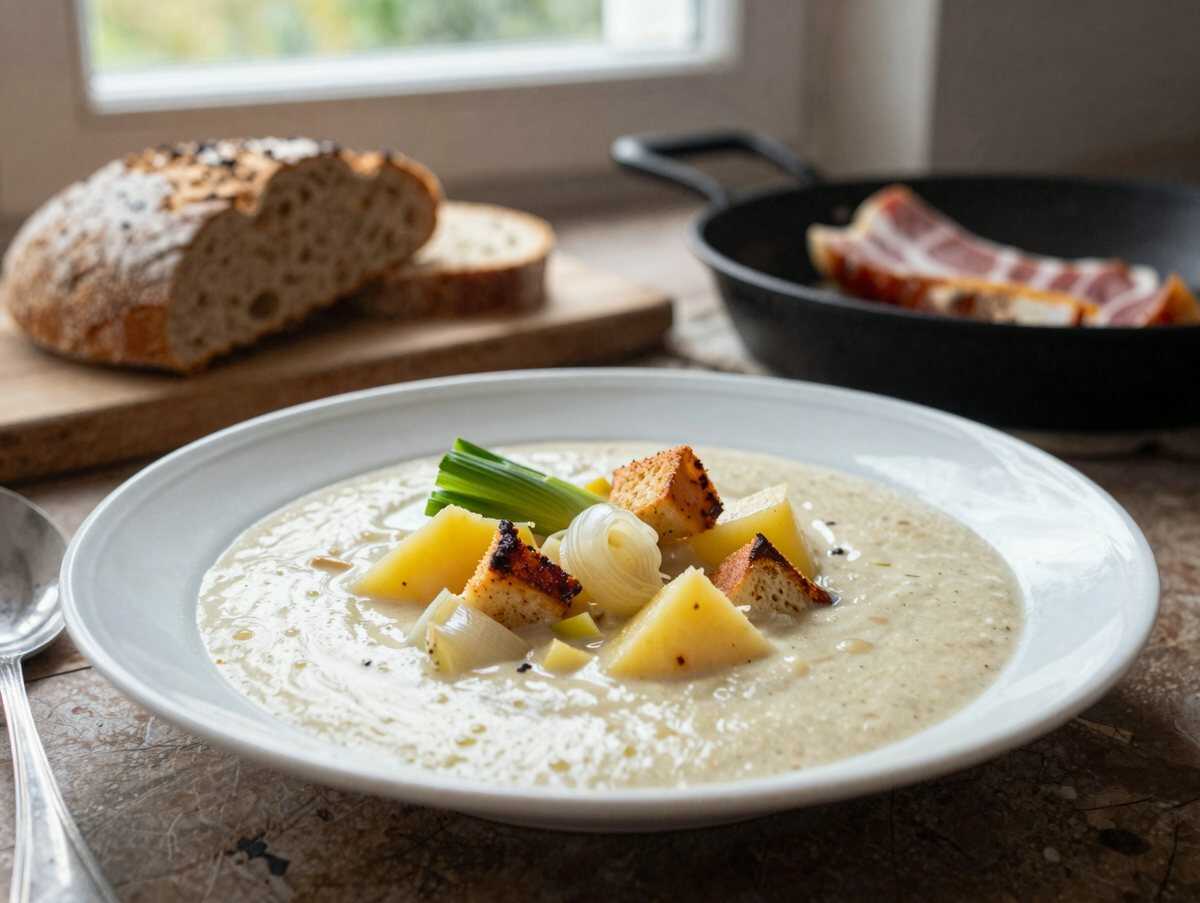 Cremige Kartoffelsuppe mit Speck-Croutons – das Soulfood für kalte Tage – während der Zubereitung