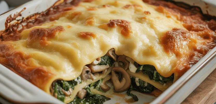 Lasagne mit 800 g Blattspinat und 500 g Champignons