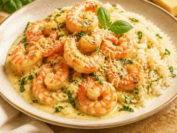 Cremige Parmesan-Basilikum-Garnelen mit Reis in nur 20 Minuten – So einfach und lecker!