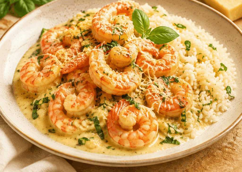 Cremige Parmesan-Basilikum-Garnelen mit Reis in nur 20 Minuten – So einfach und lecker!