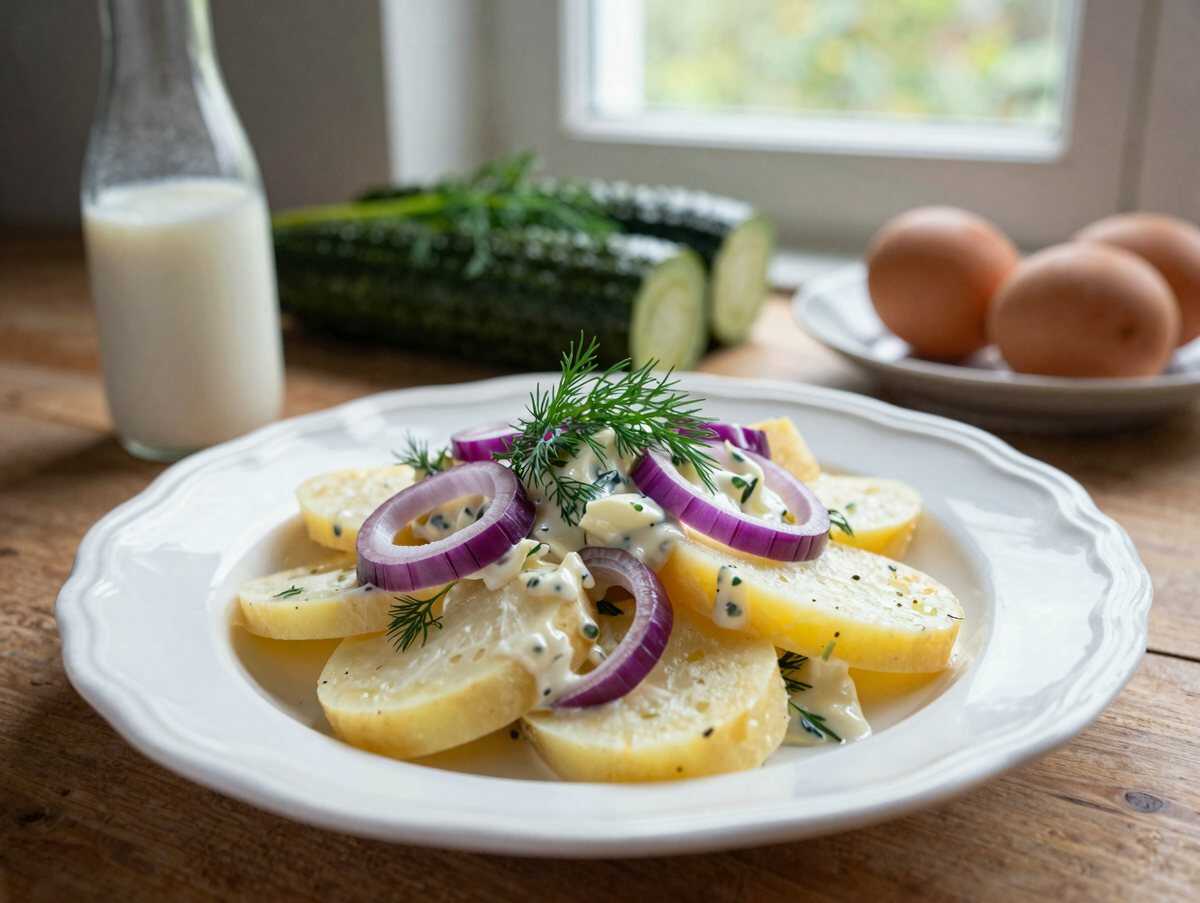 Cremiger Kartoffelsalat mit Dill und Salatgurke – während der Zubereitung
