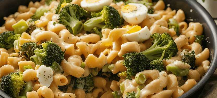 Cremiger Nudelsalat mit Brokkoli und Ei – so sieht es fertig aus