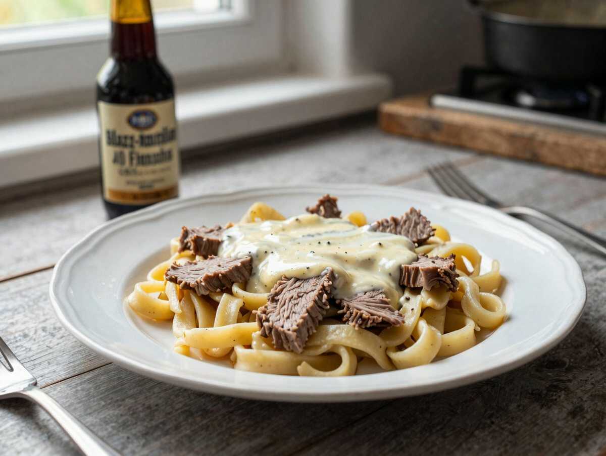 Cremiges Blitz-Stroganoff mit Ei-Nudeln in nur 40 Minuten! – während der Zubereitung