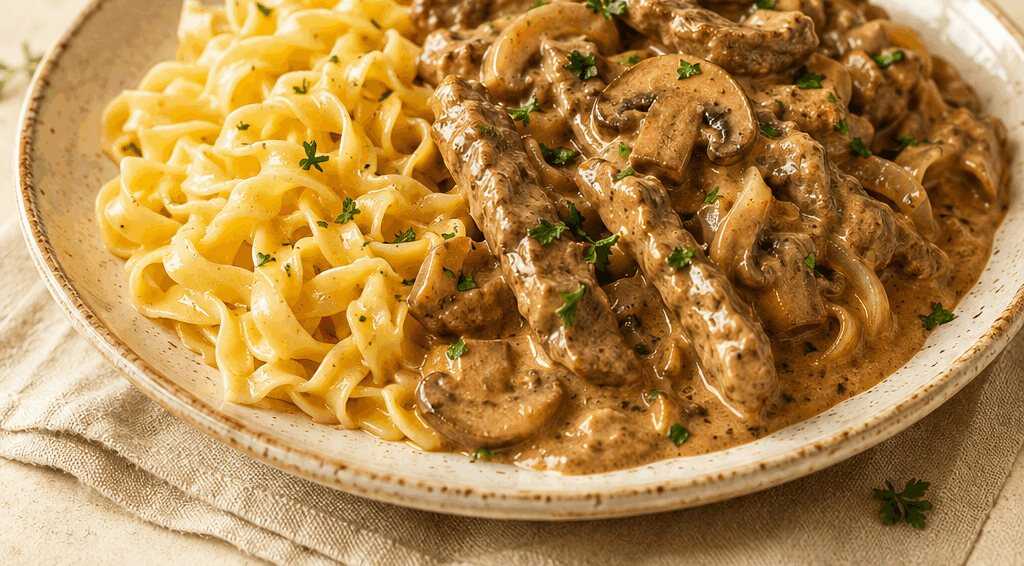Cremiges Blitz-Stroganoff mit Ei-Nudeln in nur 40 Minuten!