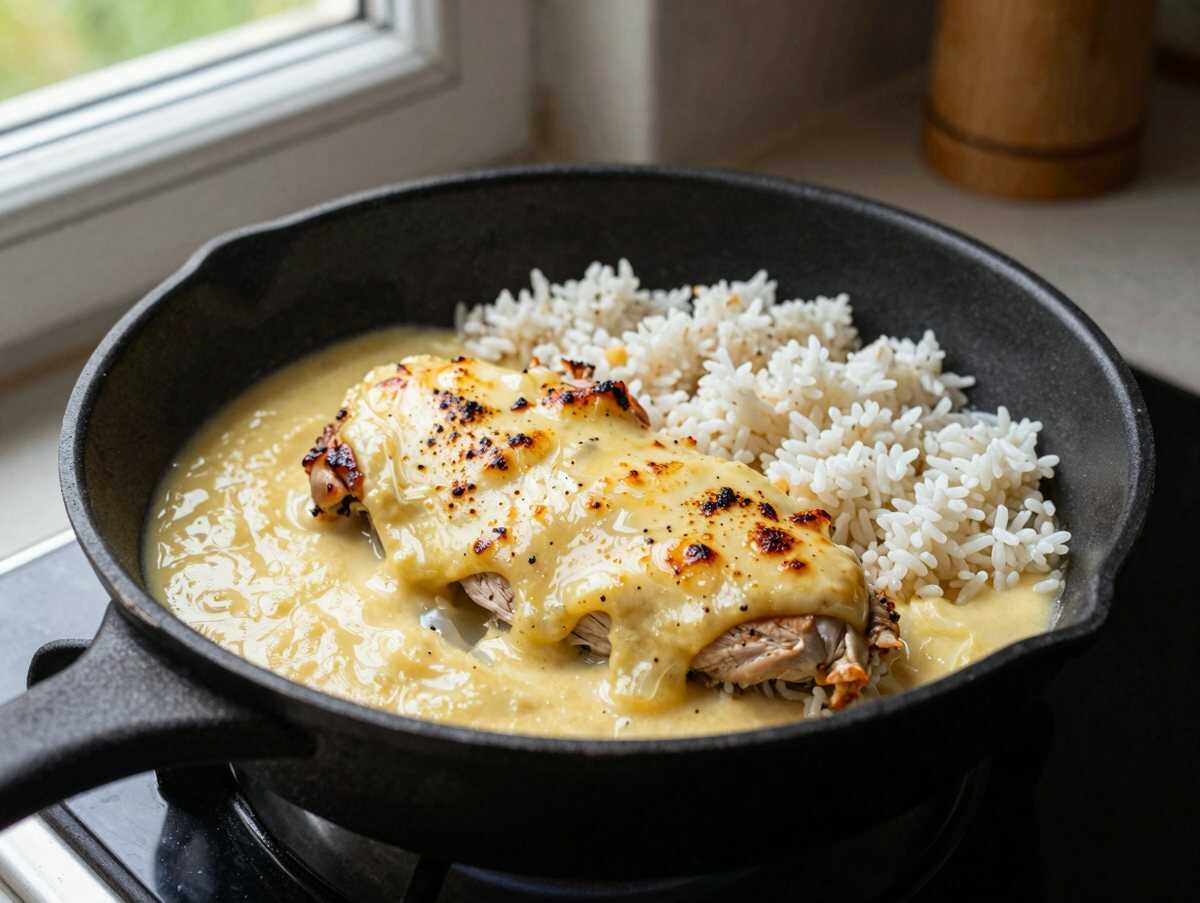 Cremiges Ein-Pfannen-Parmesan-Hähnchen & Reis: Das perfekte Abendessen! – während der Zubereitung