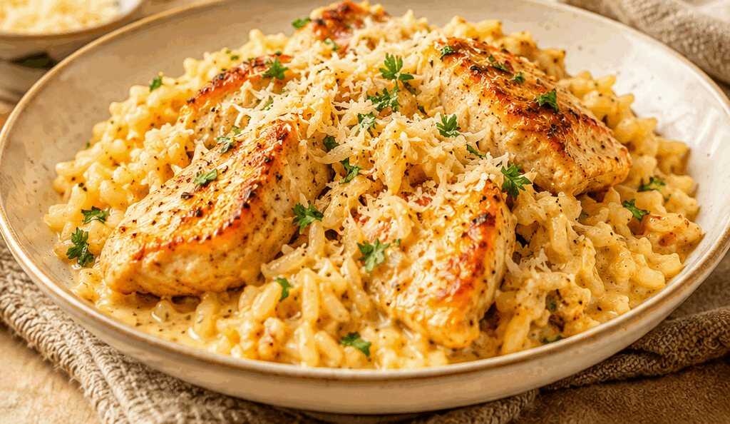 Cremiges Ein-Pfannen-Parmesan-Hähnchen & Reis: Das perfekte Abendessen!