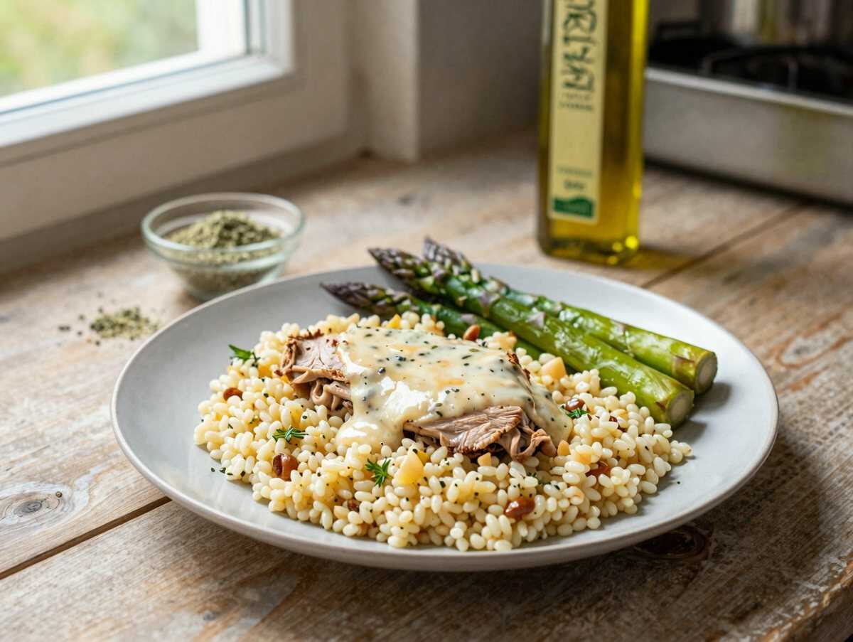 Cremiges Hähnchen-Orzo mit Spargel: Schneller Wohlfühlgenuss aus einem Topf! – während der Zubereitung