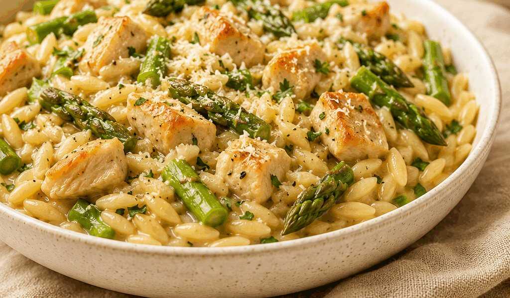 Cremiges Hähnchen-Orzo mit Spargel: Schneller Wohlfühlgenuss aus einem Topf!