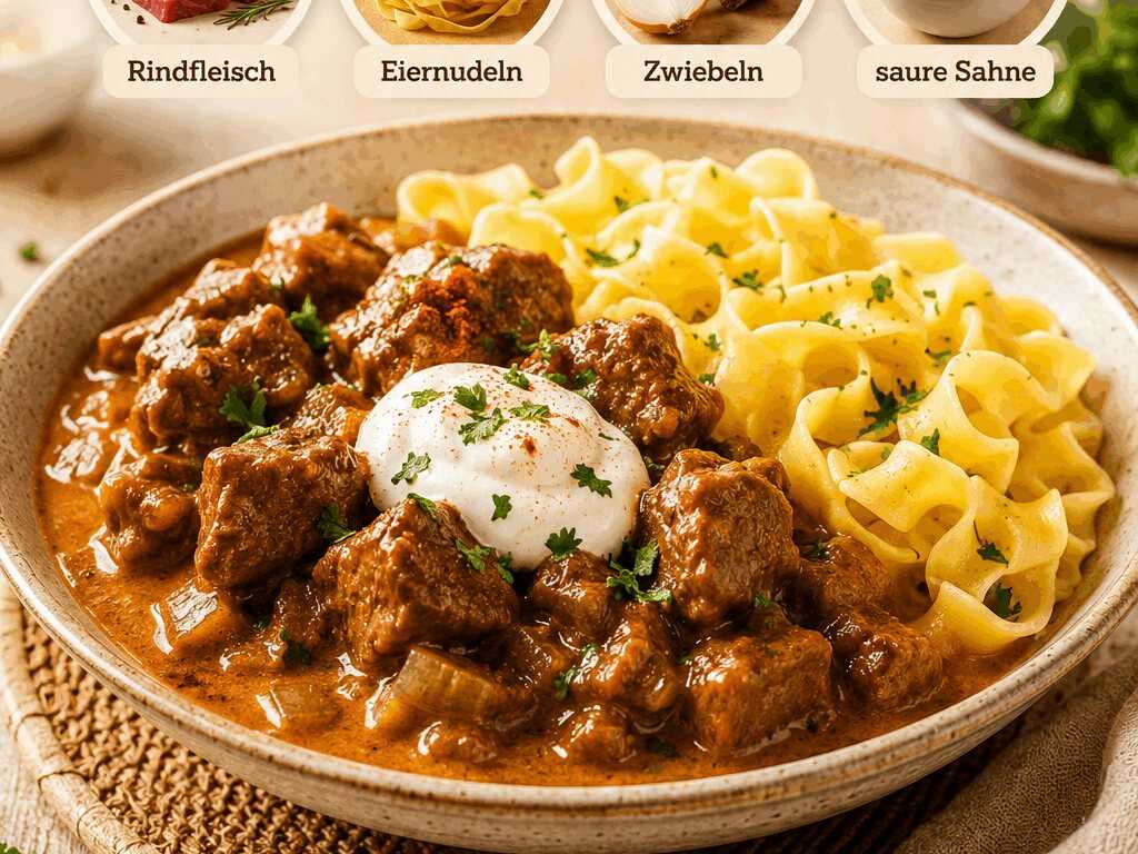Cremiges Rindergulasch mit Eiernudeln: Das perfekte Wohlfühlgericht für gemütliche Abende!