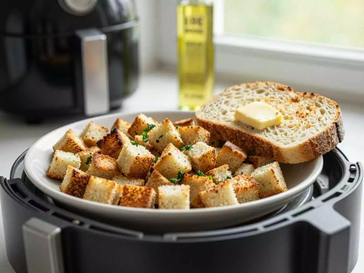 Croutons wie vom Restaurant aus dem Airfryer: schmeckt nach Sonntag bei Oma – während der Zubereitung