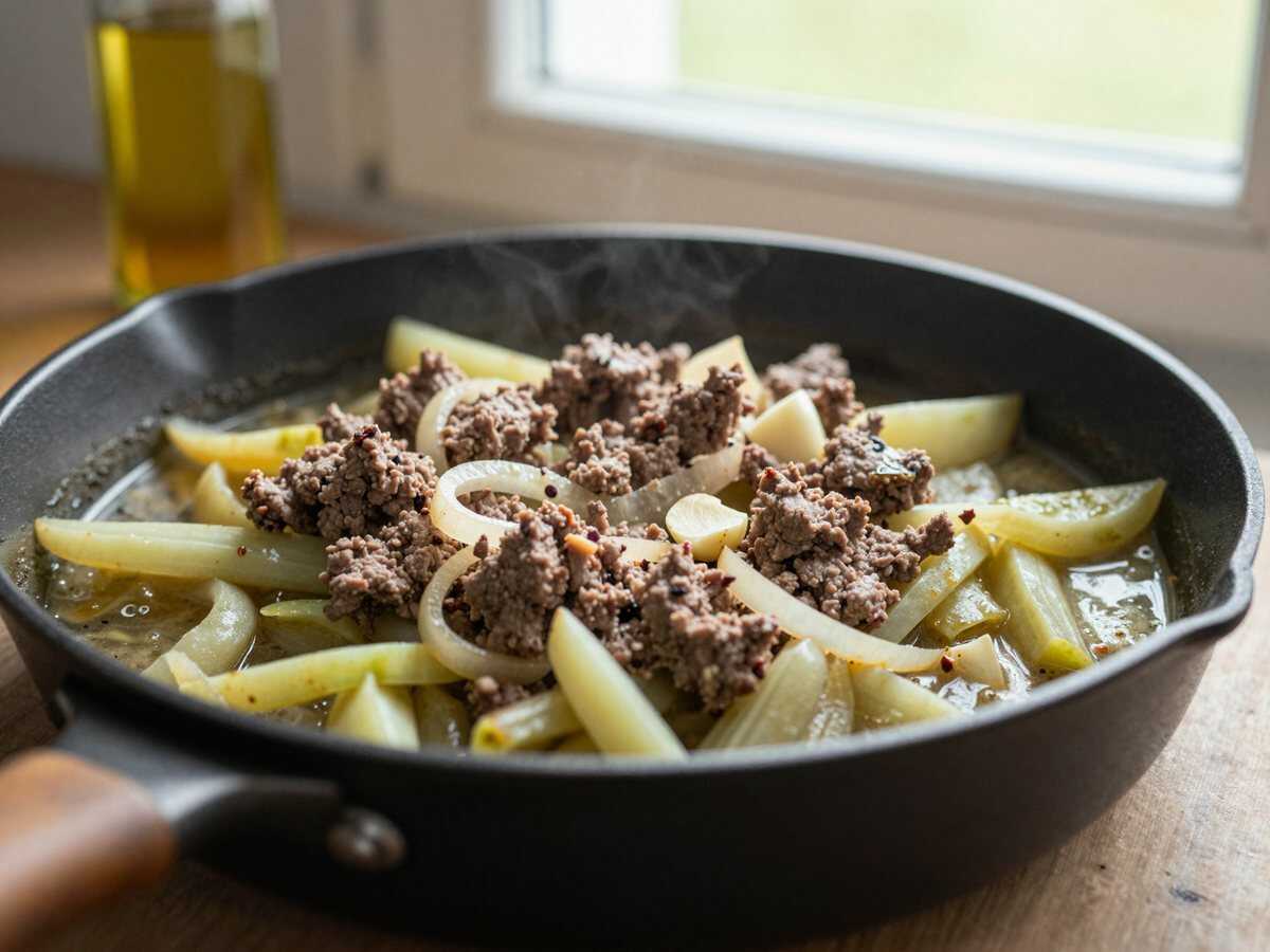 Das konnte ich taglich essen, 20 Minuten Hackfleisch Kohl Pfanne – während der Zubereitung