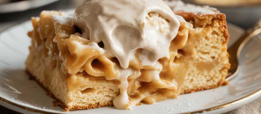 Polnischer Puddingkuchen mit Zitronenmürbteig und Puderzucker