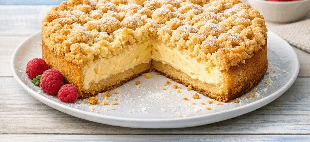 Dieses Rezept für einen himmlischen Streuselkuchen mit cremiger Puddingfüllung musst du probieren!
