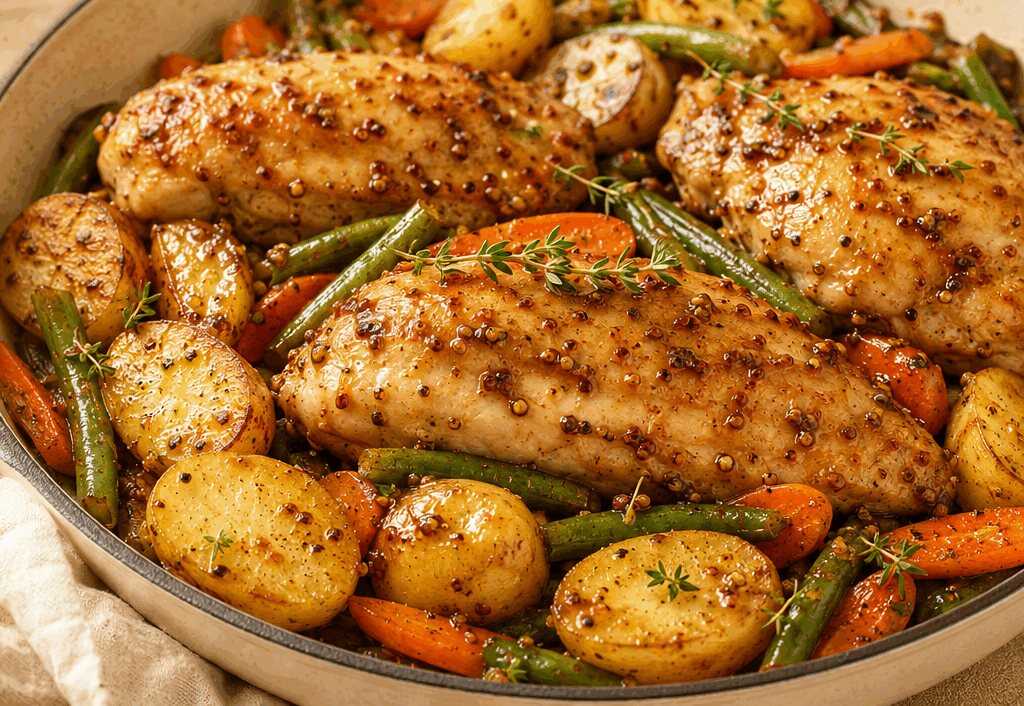 Einfach und Lecker: Ein-Pfannen-Honig-Senf-Hähnchen mit Gemüse