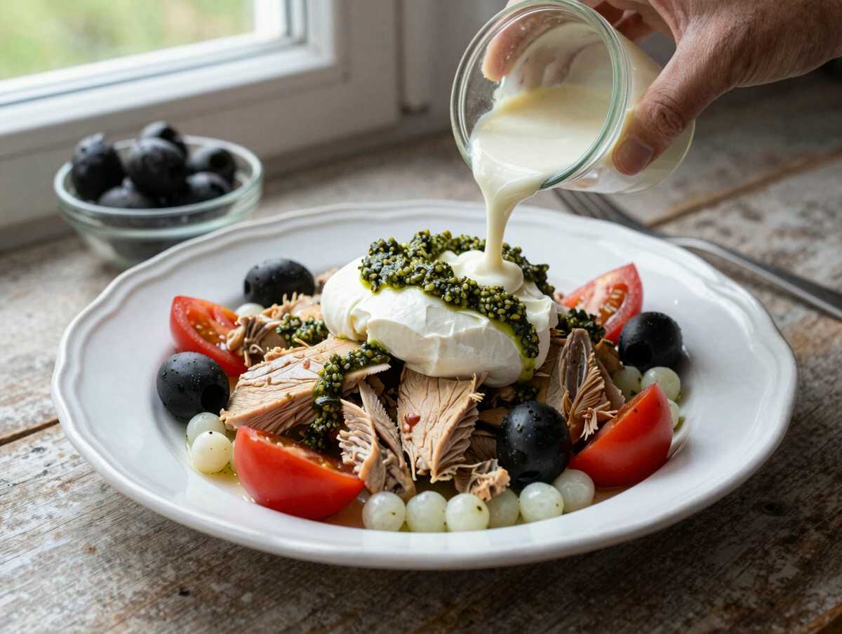 Einfache Italienische Hähnchensalat-Kreation mit Pesto und Mozzarella-Genuss entdecken! – während der Zubereitung
