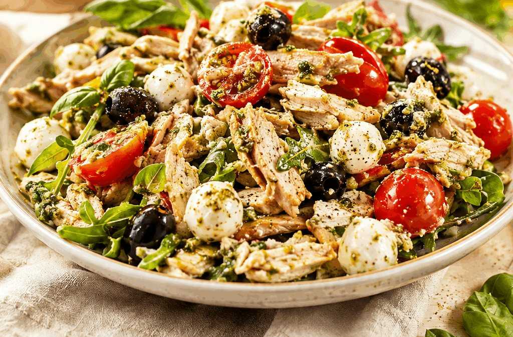 Einfache Italienische Hähnchensalat-Kreation mit Pesto und Mozzarella-Genuss entdecken!