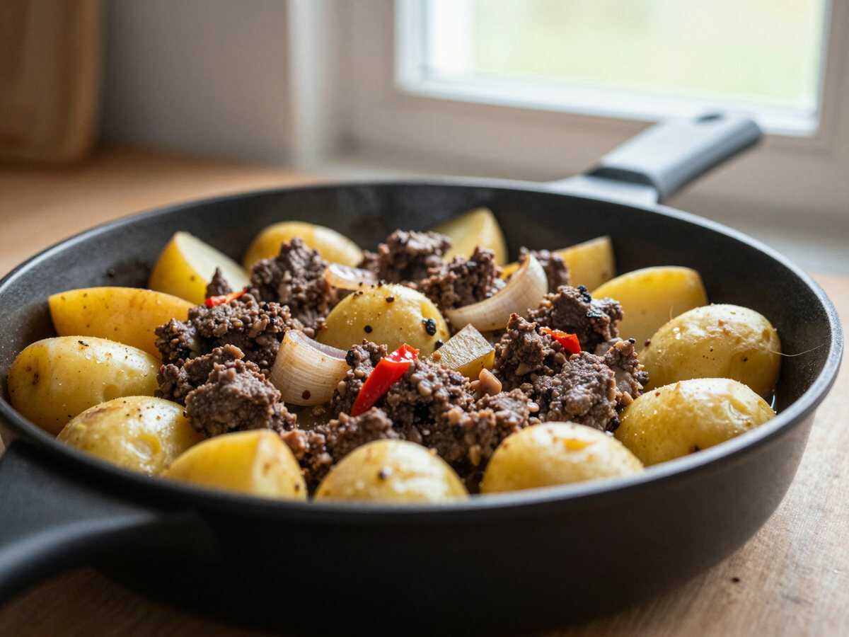 Einfache Kartoffel-Hackfleisch-Pfanne: Blitzschnelles Wohlfühlgericht erleben! – während der Zubereitung