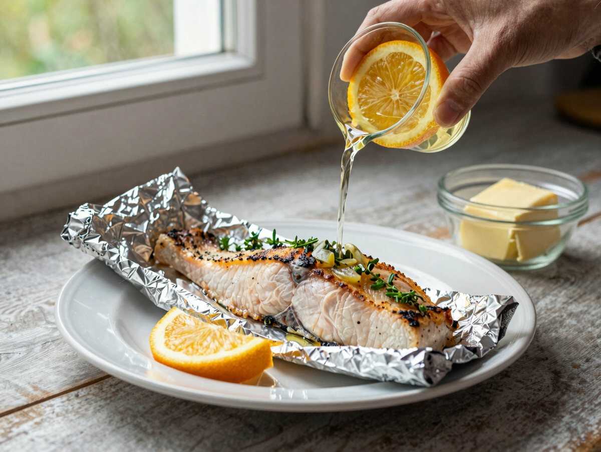 Einfacher gegrillter Lachs in Folie mit Zitronen-Knoblauch-Kräuterbutter: Ein Gaumenschmaus! – während der Zubereitung