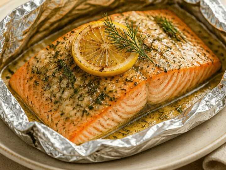 Einfacher gegrillter Lachs in Folie mit Zitronen-Knoblauch-Kräuterbutter: Ein Gaumenschmaus!