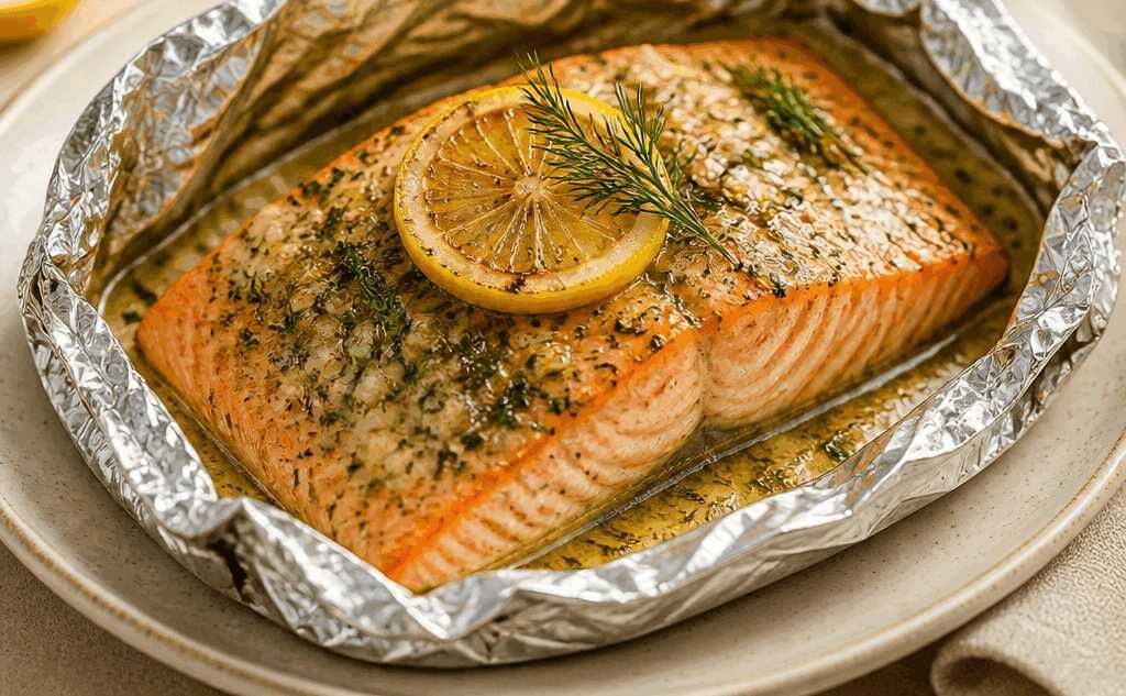 Einfacher gegrillter Lachs in Folie mit Zitronen-Knoblauch-Kräuterbutter: Ein Gaumenschmaus!