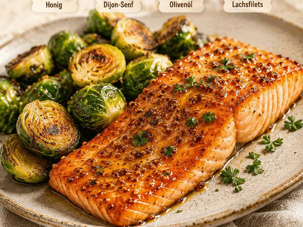Einfaches Rezept: Honig-Senf-Lachs mit knackigem Rosenkohl!