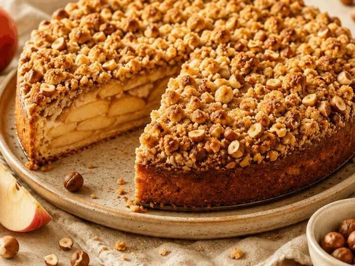 Entdecke das unwiderstehliche Apfelkuchenrezept mit knusprigem Haselnuss-Crumble!