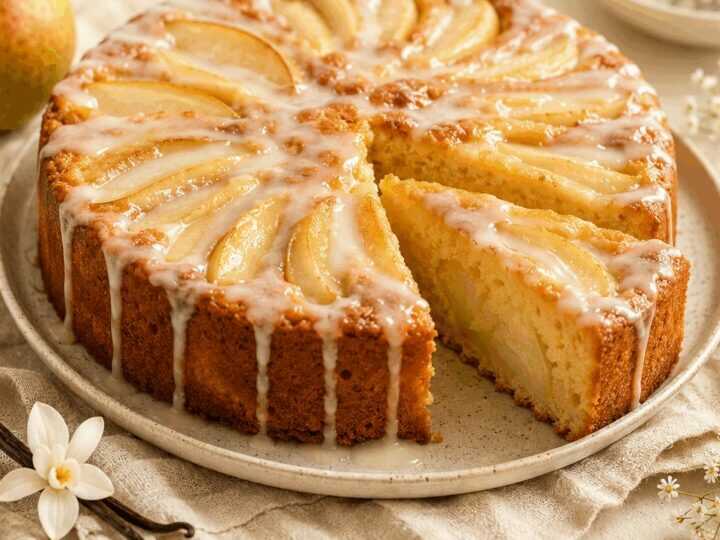 Entdecke das unwiderstehliche Rezept für Birnenkuchen mit Vanilleguss!