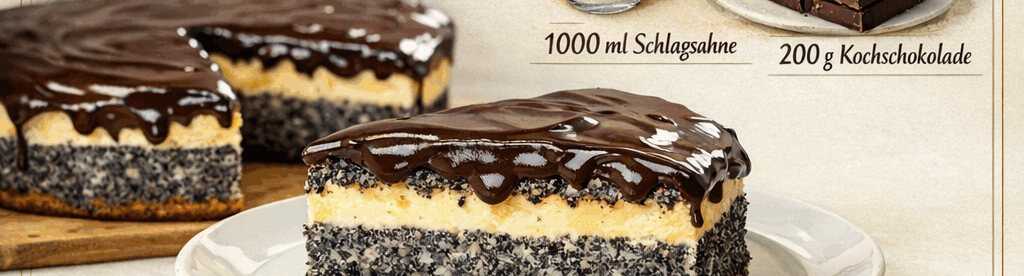 Mohnkuchen mit Puddingcreme und Schokoglasur