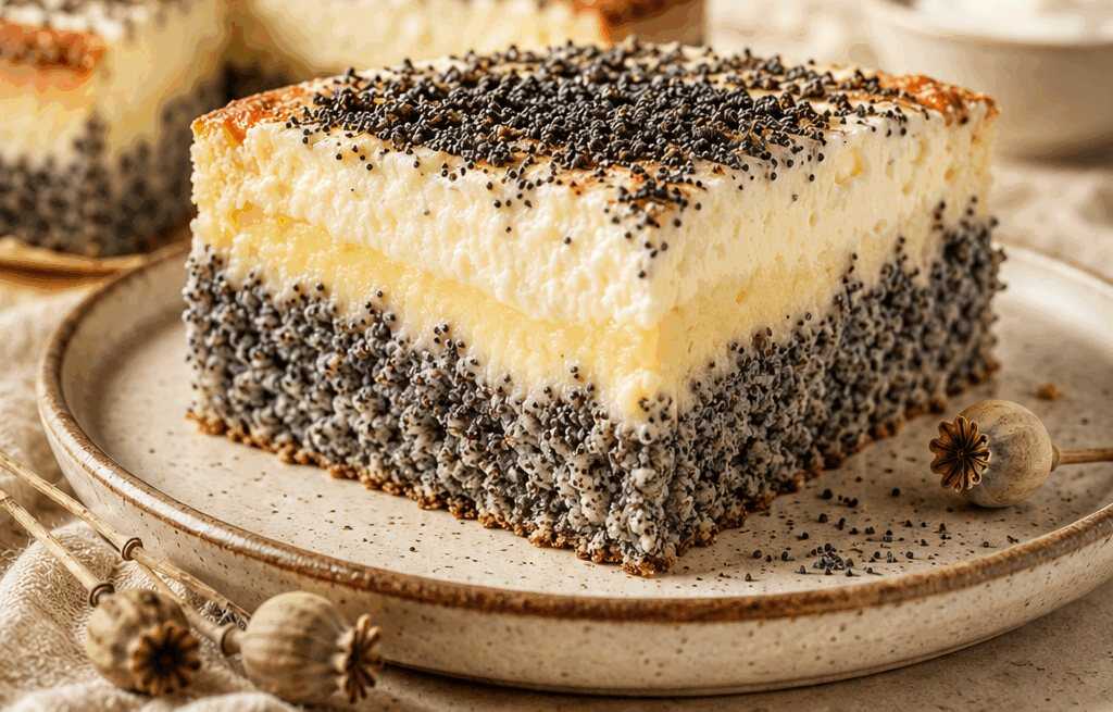 Mohnkuchen mit Schmand und Pudding