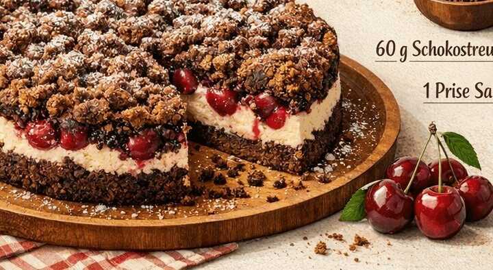 Entdecke das unwiderstehliche Rezept für Schoko-Streuselkuchen mit Quark-Kirschfüllung!