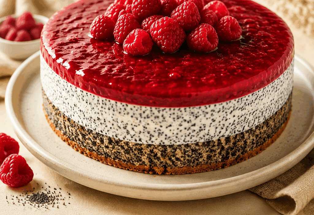 Entdecke das verführerische Rezept für Mohn-Quark-Torte mit Himbeerspiegel!