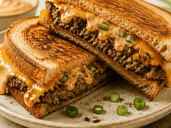 Entdecke den Genuss: Patty Melts mit angebratenem Frühlingszwiebel-Chipotle-Mayo!