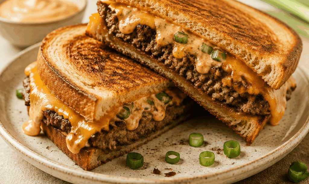 Entdecke den Genuss: Patty Melts mit angebratenem Frühlingszwiebel-Chipotle-Mayo!