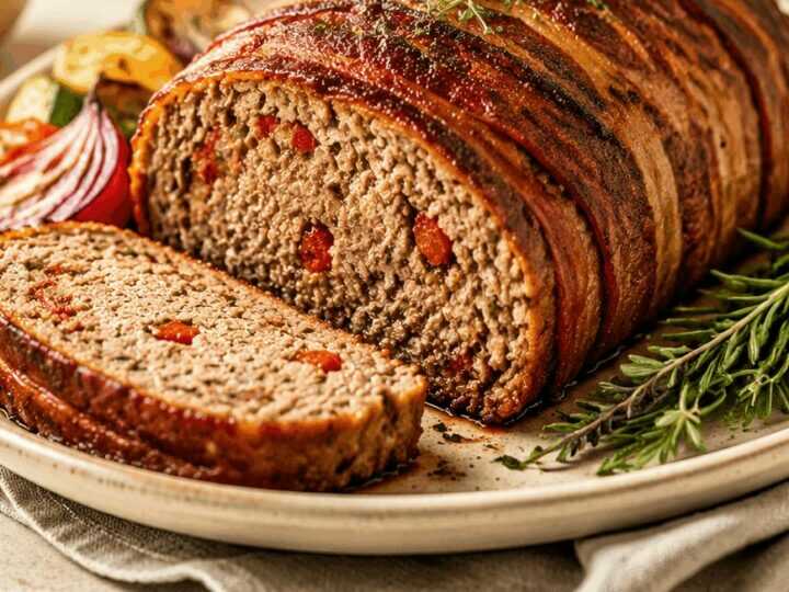 Entdecke den Geschmack: Mediterraner Hackbraten im knusprigen Speckmantel!