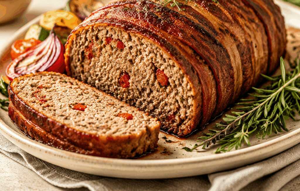 Entdecke den Geschmack: Mediterraner Hackbraten im knusprigen Speckmantel!