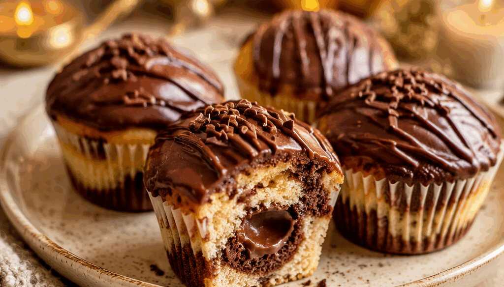 Entdecke unwiderstehliche Donauwellen-Muffins mit zarter Schokobons-Füllung! – so sieht es fertig aus